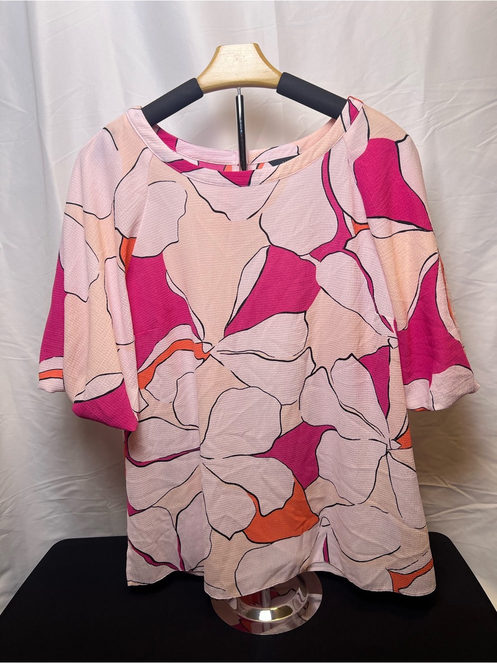 La Mode Pink Abstract Floral Blouse Top XL Short Bell Sleeve